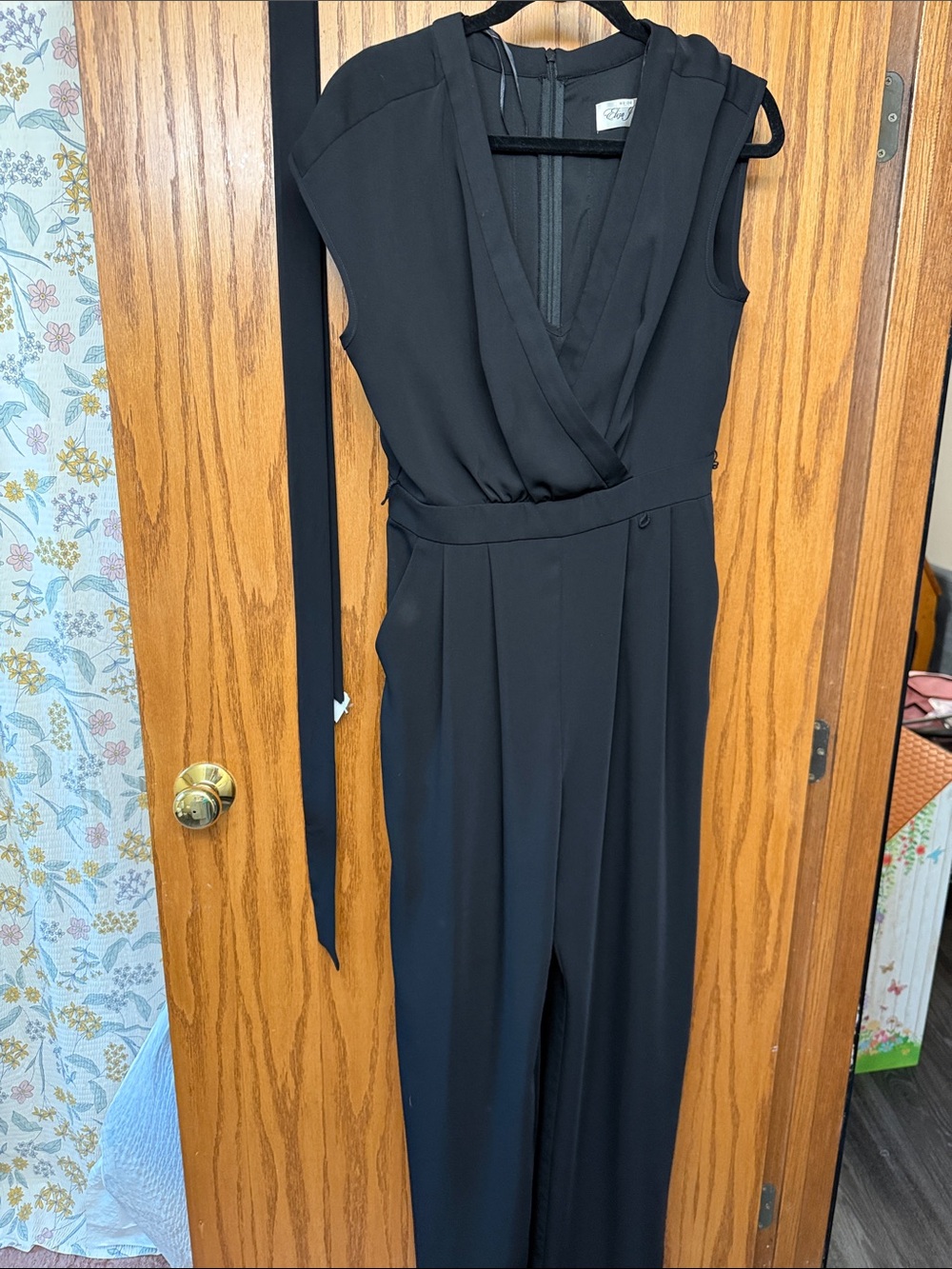 Eliza J Black Sleeveless Wrap-Front Jumpsuit with Self-Tie Waist